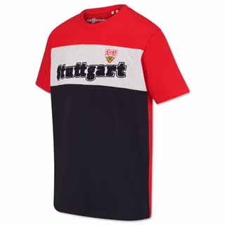 T-Shirt in Schwarz, Weiß und Rot mit VfB Wappen und der Aufschrift Stuttgart