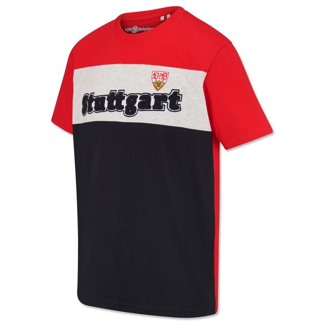 T-Shirt in Schwarz, Weiß und Rot mit VfB Wappen und der Aufschrift Stuttgart