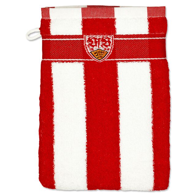 rot-weiß gestreifter Waschhandschuh mit VfB Wappen