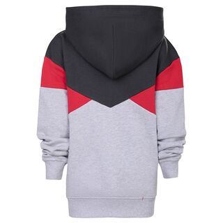 Rückseite des Hoodies in Schwarz, Rot und Grau