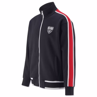 Schwarze Jacke mit hohem Kragen, rotem Streifen am Ärmel und weißem VfB Wappen auf der Brust 