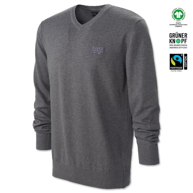 grauer Strickpullover mit kleinem VfB Schriftzug auf der Brust
