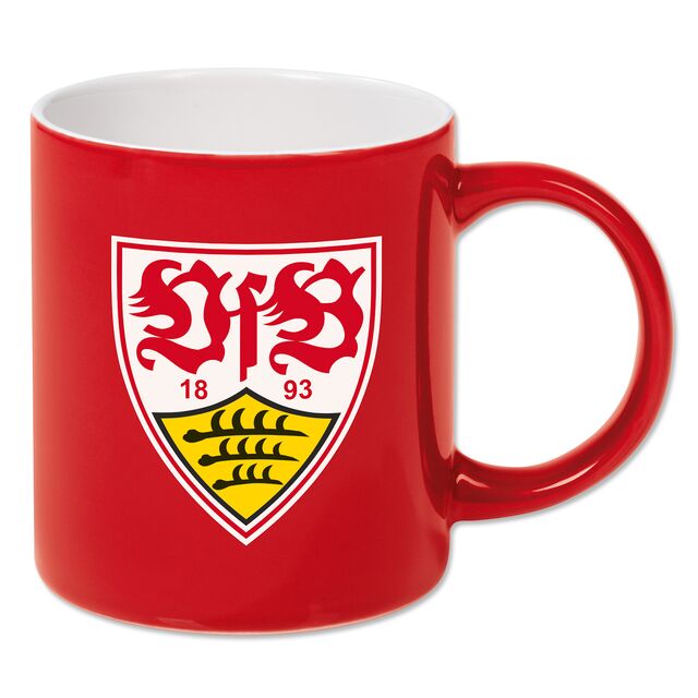 rote Tasse mit VfB Wappen und weißer Innenseite