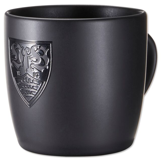 Schwarze Tasse mit schwarzem VfB Wappen 