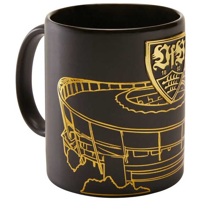 Schwarze Tasse mit goldenem VfB Wappen und Umriss des Stadions 