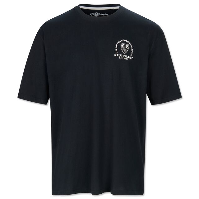 schwarzes T-Shirt mit VfB Wappen auf der Brust, umrandet mit dem Schriftzug Verein für Bewegungsspiele 
