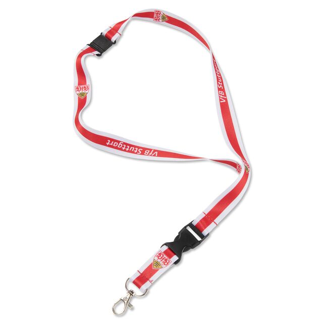 weiß-rotes Schlüsselband mit VfB Wappen und der Aufschrift VfB Stuttgart