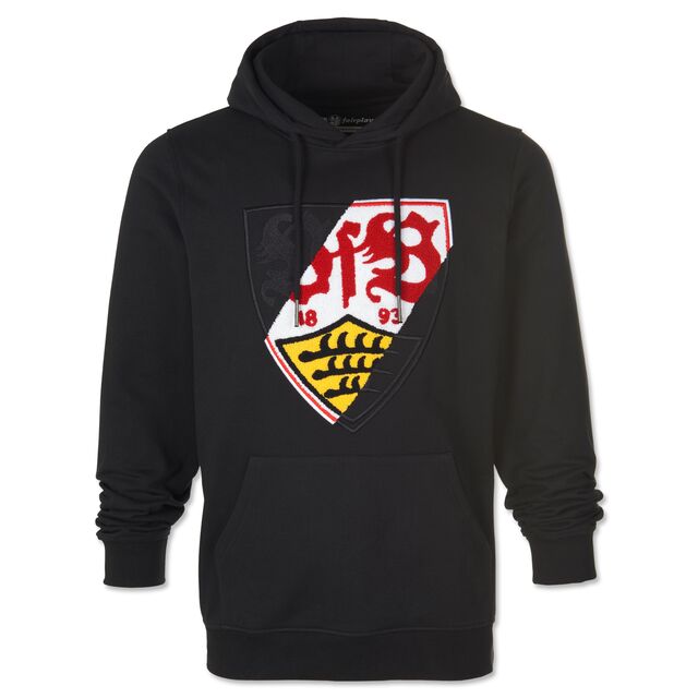 schwarzer Hoodie mit Kängurutaschen und mit großem VfB Wappen mit schwarzen und farbigen Bereichen