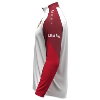 Seitenansicht des weiß-roten Ziptops 25/26 mit LBBW auf dem Ärmel