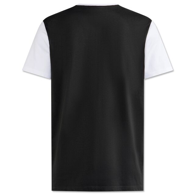 schwarze Rückseite des T-Shirts mit weißen Ärmeln