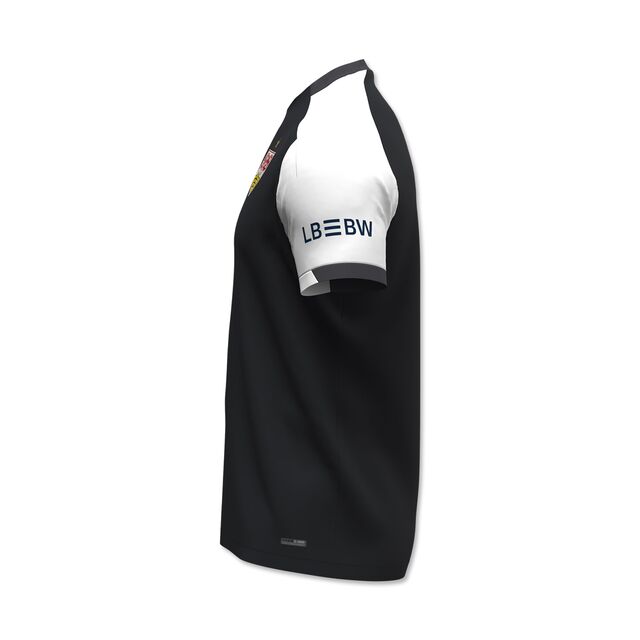 Seitensicht des schwarz-weißen Trainingsshirts 25/26 mit LBBW auf dem Ärmel