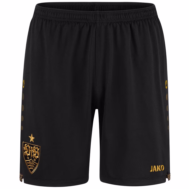 Schwarze Shorts mit goldenem VfB Wappen und JAKO Logo 