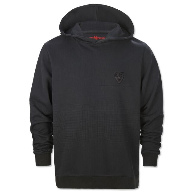 dunkelgrauer Hoodie mit kleinem grauen VfB Wappen auf der Vorderseite