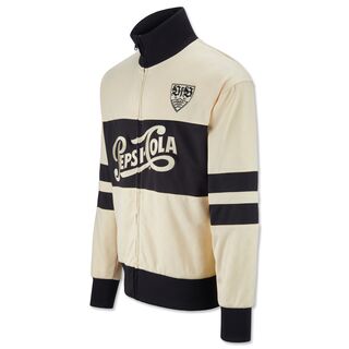 Beige Jacke mit schwarzen Akzenten, Schriftzug Pepsi Cola in der Mitte und schwarzem VfB Wappen auf der Brust 