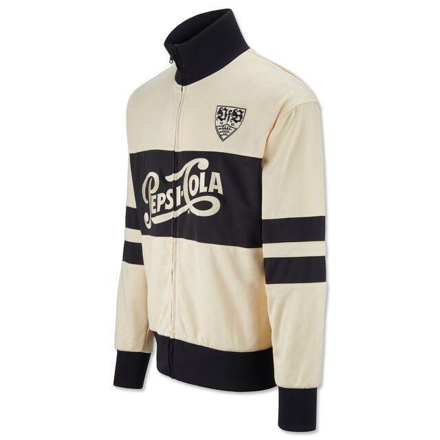 Beige Jacke mit schwarzen Akzenten, Schriftzug Pepsi Cola in der Mitte und schwarzem VfB Wappen auf der Brust 