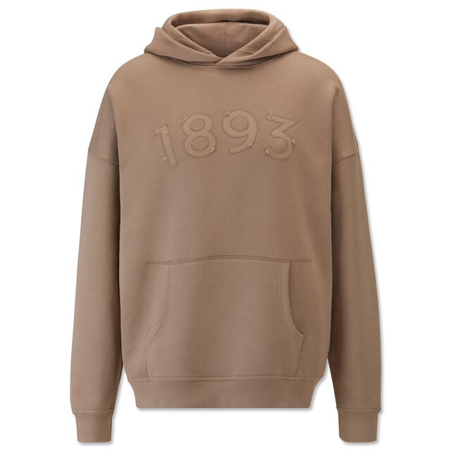 beigefarbener Hoodie mit Kängurutaschen und großer Aufschrift 1893