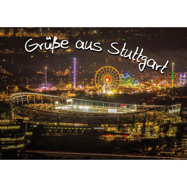 Postkarte mit dem Stadion und dem Cannstatter Wasen bei Nacht und der Aufschrift Grüße aus Stuttgart