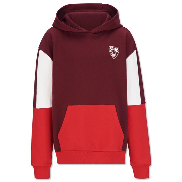 Hoodie in rot und bordeaux mit VfB Wappen auf der Brust 