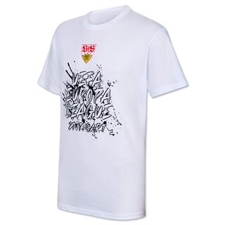 Weißes T-Shirt mit VfB Wappen und Schriftzug Uefa Europa League Stuttgart 