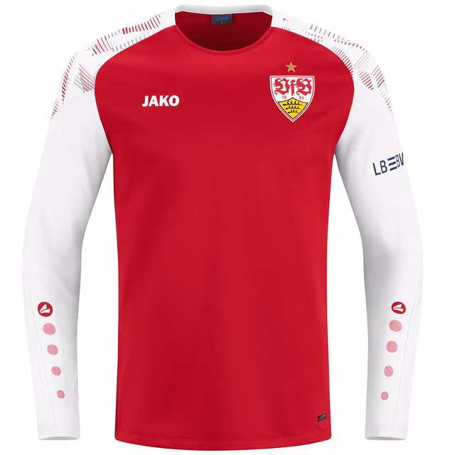 rotes Sweatshirt mit weißen Ärmeln, VfB Wappen und JAKO Logo auf der Brust