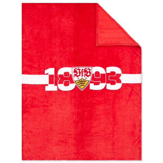 rote Fleecedecke mit weißem Brustring, VfB Wappen und der Aufschrift 1893