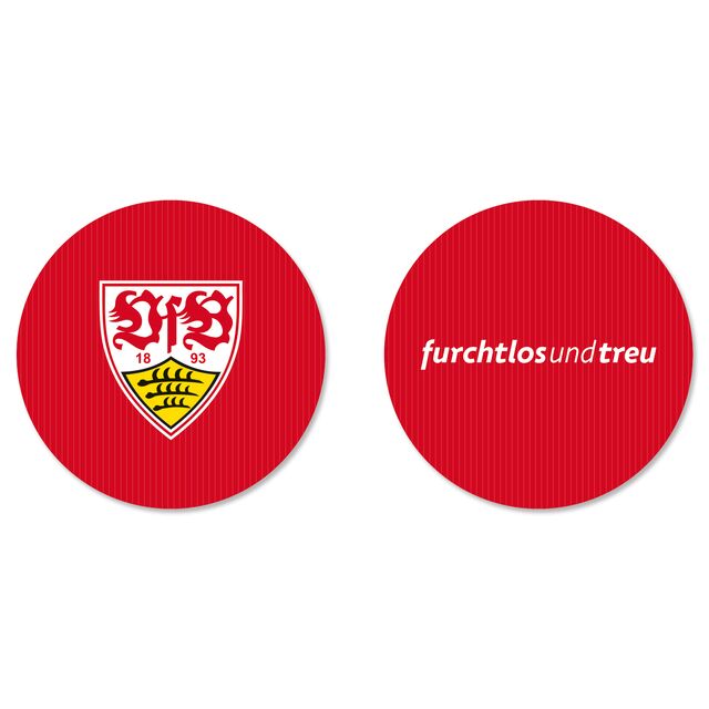 roter Untersetzer mit VfB Wappen und roter Untersetzer mit der Aufschrift furchtlos und treu