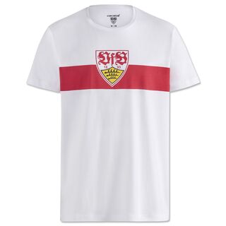 weißes T-Shirt mit rotem Brustring und VfB Wappen