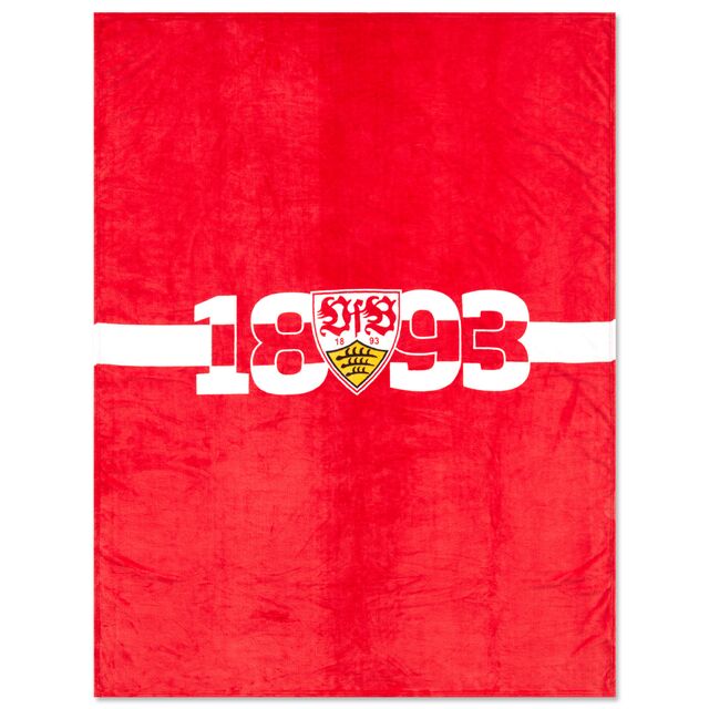 rote Fleecedecke mit weißem Brustring, VfB Wappen und der Aufschrift 1893