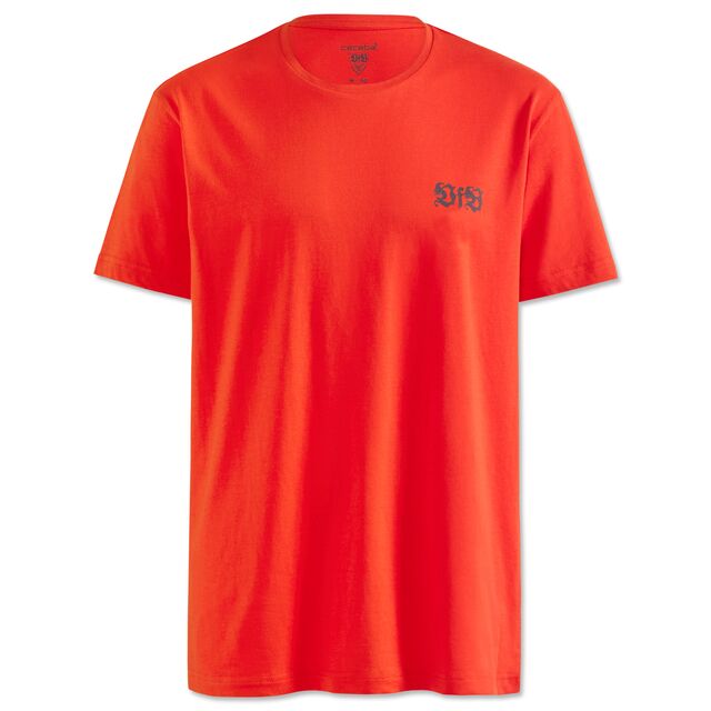 rotes T-Shirt mit schwarzem VfB Logo auf der Brust