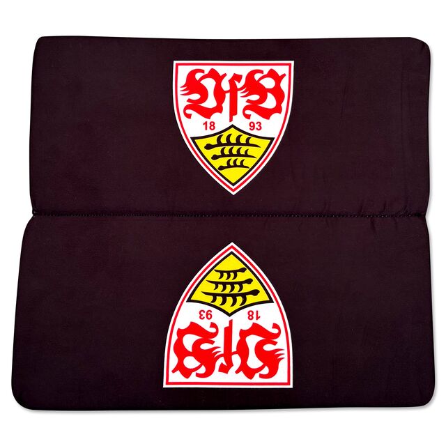aufgeklapptes schwarzes Sitzkissen mit zwei VfB Wappen