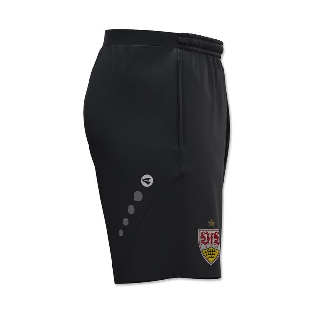 Seitenansicht der schwarzen Trainingsshorts mit VfB Wappen und JAKO Punkten