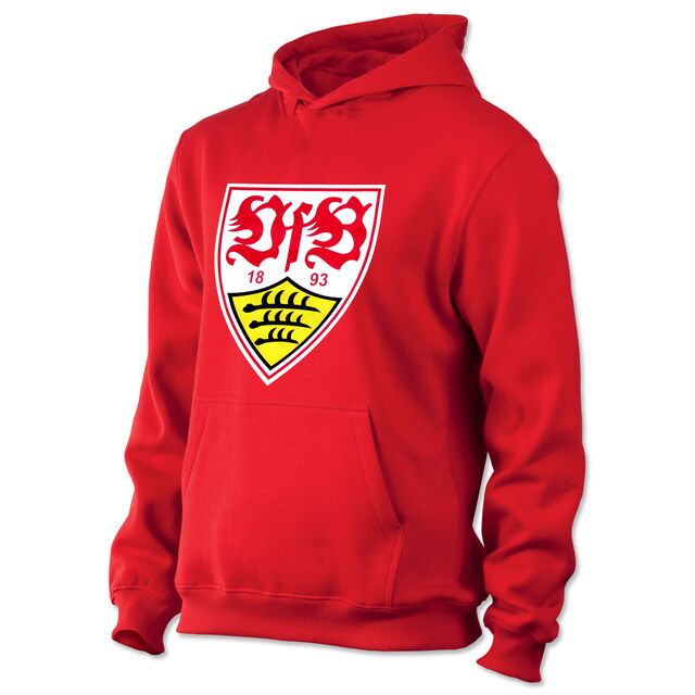 roter Hoodie mit Kängurutaschen und mit großem VfB Wappen