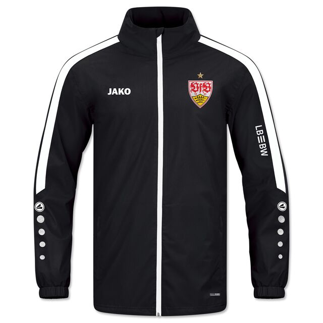 Jacke in schwarz mit weißem Zipper und weißem Streifen am Ärmel. VfB Wappen auf der Brust und JAKO Logo.