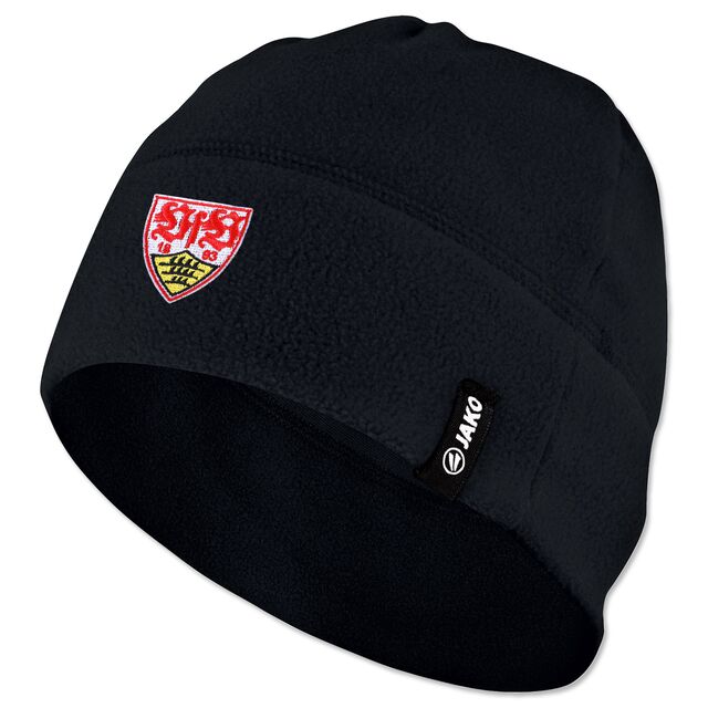 schwarze Fleecemütze mit VfB Wappen auf der Vorderseite und JAKO Logo an der Seite