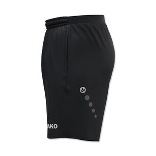 Seitenansicht der schwarzen Trainingsshorts mit JAKO Schriftzug und JAKO Punkten