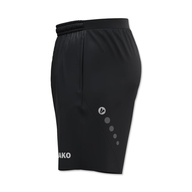 Seitenansicht der schwarzen Trainingsshorts mit JAKO Schriftzug und JAKO Punkten