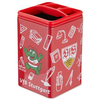 Roter Stifteköcher mit VfB- und Schulmotiven 
