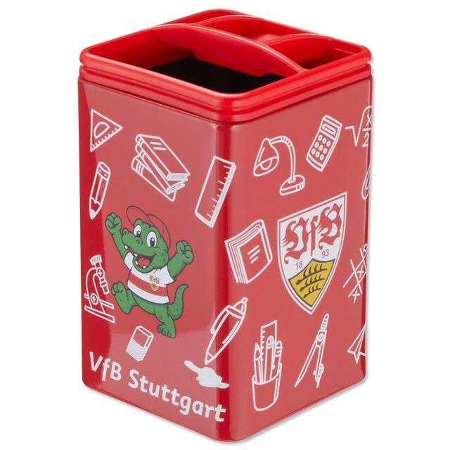Roter Stifteköcher mit VfB- und Schulmotiven 