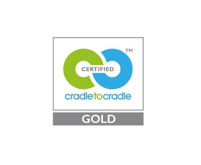 „Cradle to Cradle Certified™ Gold Siegel in Grün und Blau mit grauer Unterzeile.“