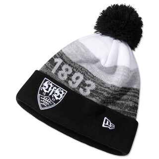 Bommelmütze in Schwarz, Weiß und Grau mit VfB Wappen, New Era Logo und der Aufschrift 1893