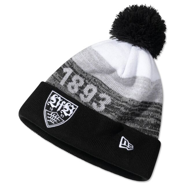 Bommelmütze in Schwarz, Weiß und Grau mit VfB Wappen, New Era Logo und der Aufschrift 1893