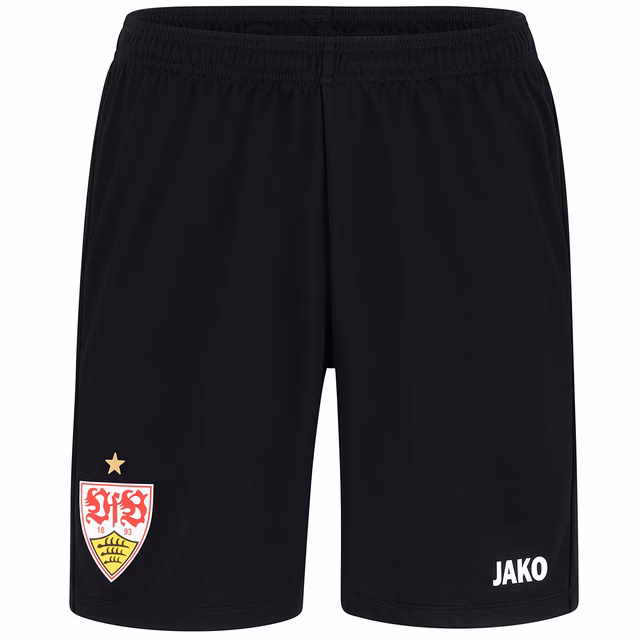 schwarze Shorts mit VfB Wappen auf einem Bein und JAKO Logo auf dem anderen Bein