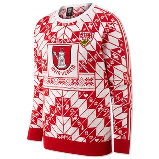 weiß-roter Ugly Christmassweater mit weihnachtlichen und VfB-Motiven