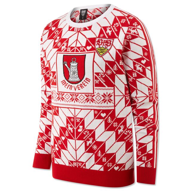 weiß-roter Ugly Christmassweater mit weihnachtlichen und VfB-Motiven