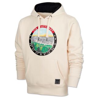 cremefarbener Hoodie mit Kängurutaschen und mit runder Grafik von Stuttgart, umrahmt von den Koordinaten des Stadions