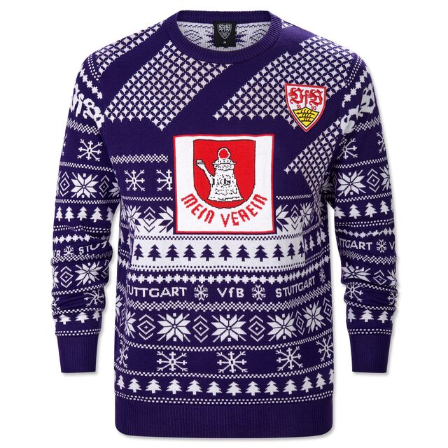 blauer Sweater mit weißem Weihnachtsmuster, VfB Wappen und der Cannstater Kanne auf der Vorderseite