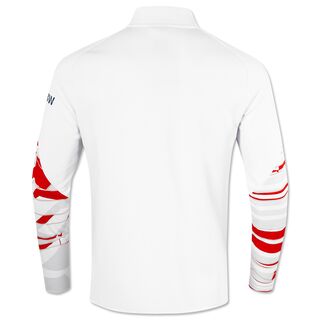 Rückansicht der weißen Trainingsjacke. Die Ärmel haben auffällige rote Muster, der Rücken selbst ist schlicht weiß ohne Aufdruck.
