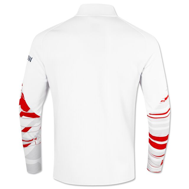 Rückansicht der weißen Trainingsjacke. Die Ärmel haben auffällige rote Muster, der Rücken selbst ist schlicht weiß ohne Aufdruck.