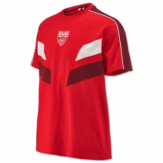 rotes T-Shirt mit dunkelroten und weißen Details und VfB Wappen auf der Vorderseite