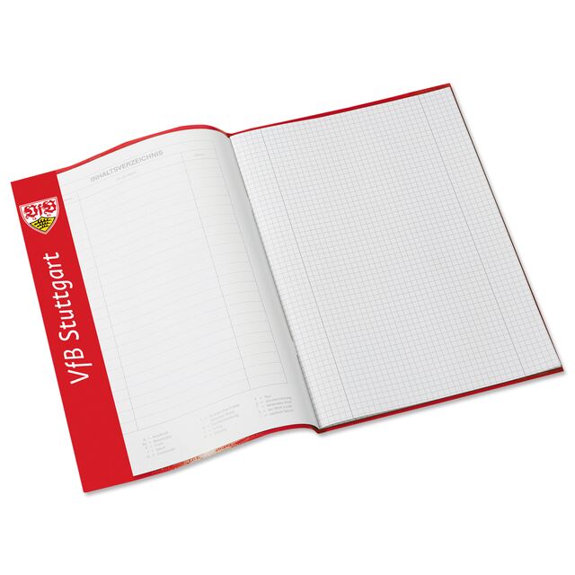 VfB Heftschoner an aufgeklapptem Heft mit der Aufschrift VfB Stuttgart